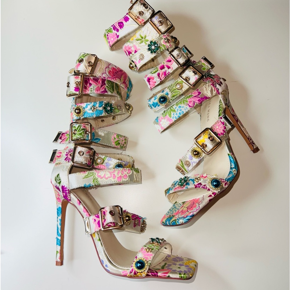 AZALEA WANG YOUR HONOR BROCADE EMBELLISHED GLADIATOR SANDAL IN  BONE 7.5